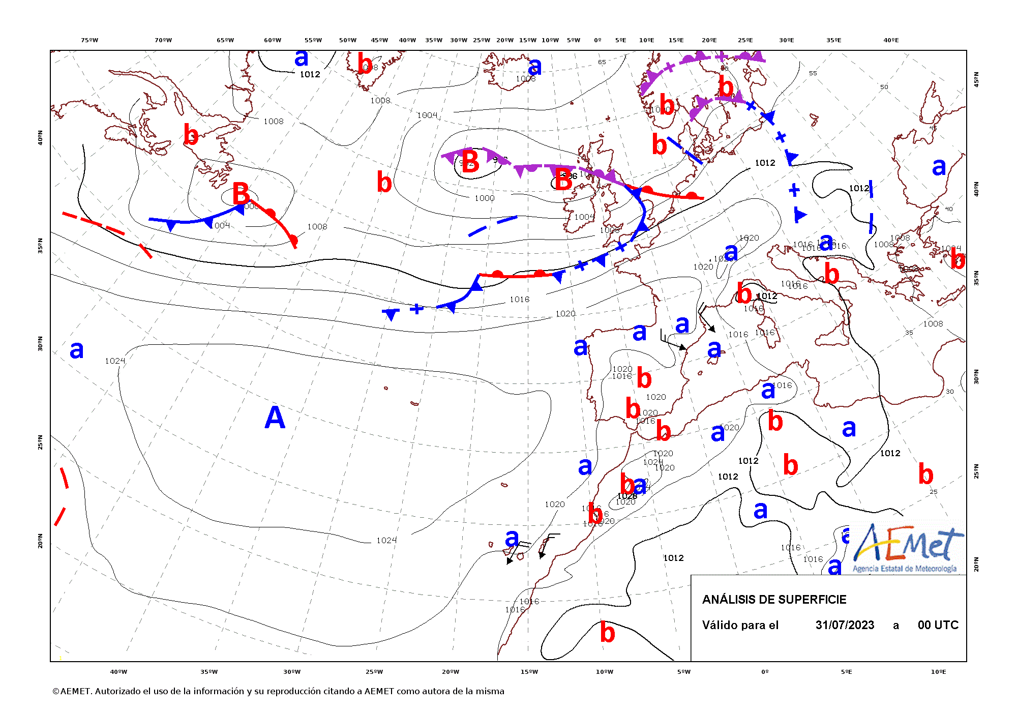 Animación de los mapas de análisis de superficie cada 12 horas entre las 00 UTC del día 31 de julio y las 12 UTC del día 4 de agosto de 2023. La borrasca apareció nombrada por primera vez a las 12 UTC del día 2 tras su profundización al oeste de las islas británicas.