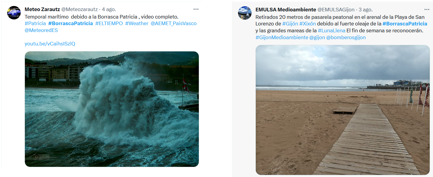 Tweets relativos al fuerte oleaje provocado por Patricia en puntos del litoral cantábrico.