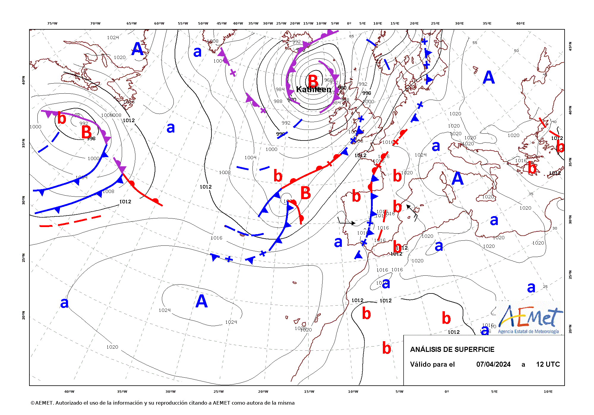 Evolución de Pierrick entre las 12 UTC del día 7 de abril y la misma hora del día 10 (análisis cada 24 horas).