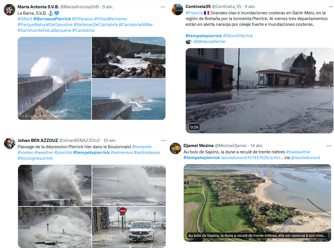 Ejemplos de tuits reportados en los que se reflejan algunos de los impactos provocados por la borrasca Pierrick. La mayor parte de ellos se debieron al oleaje de gran tamaño que afectó con más intensidad al litoral de la región francesa de Bretaña.