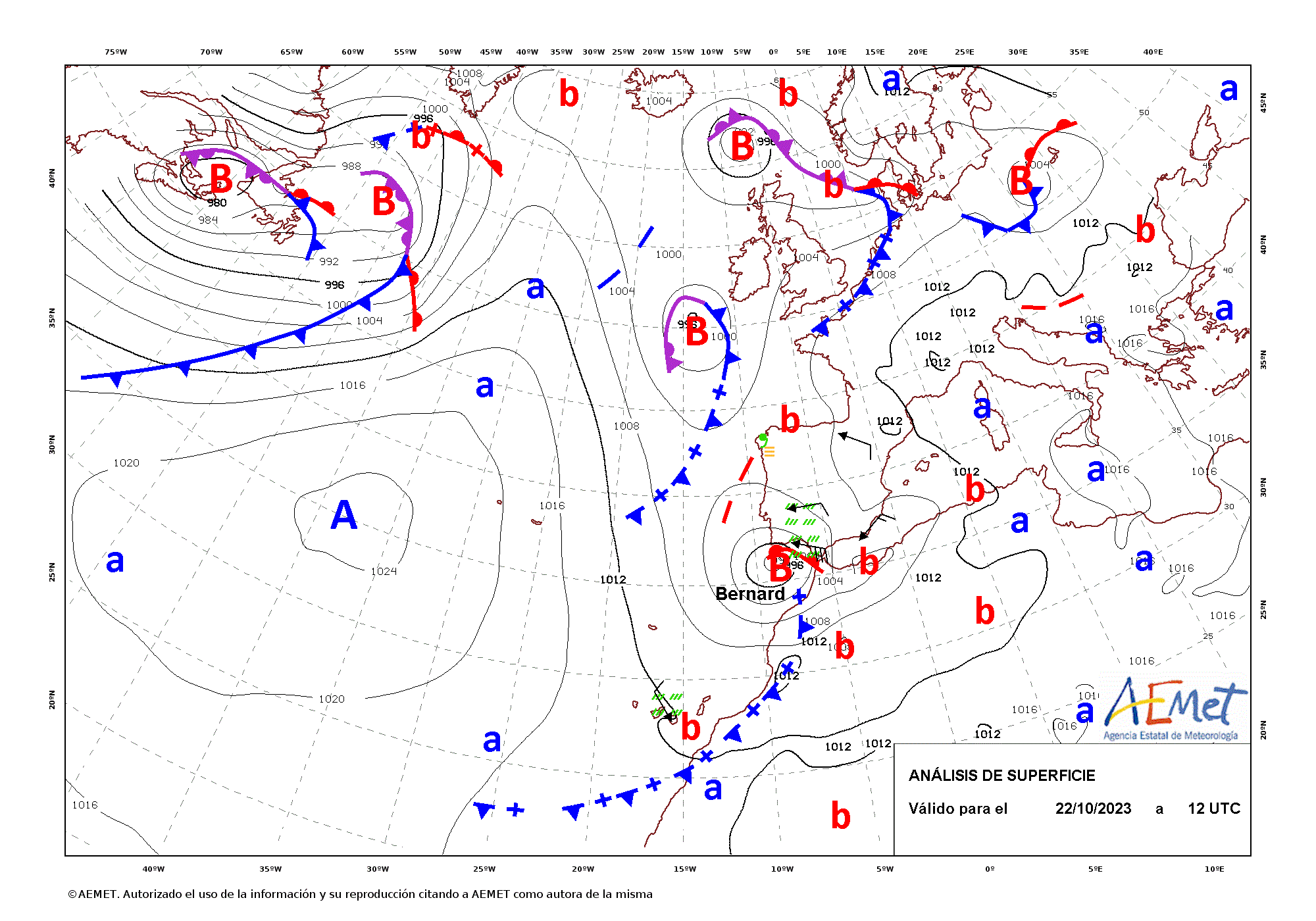 Análisis del campo de presión a nivel del mar de las 12 UTC del día 22 de octubre.
