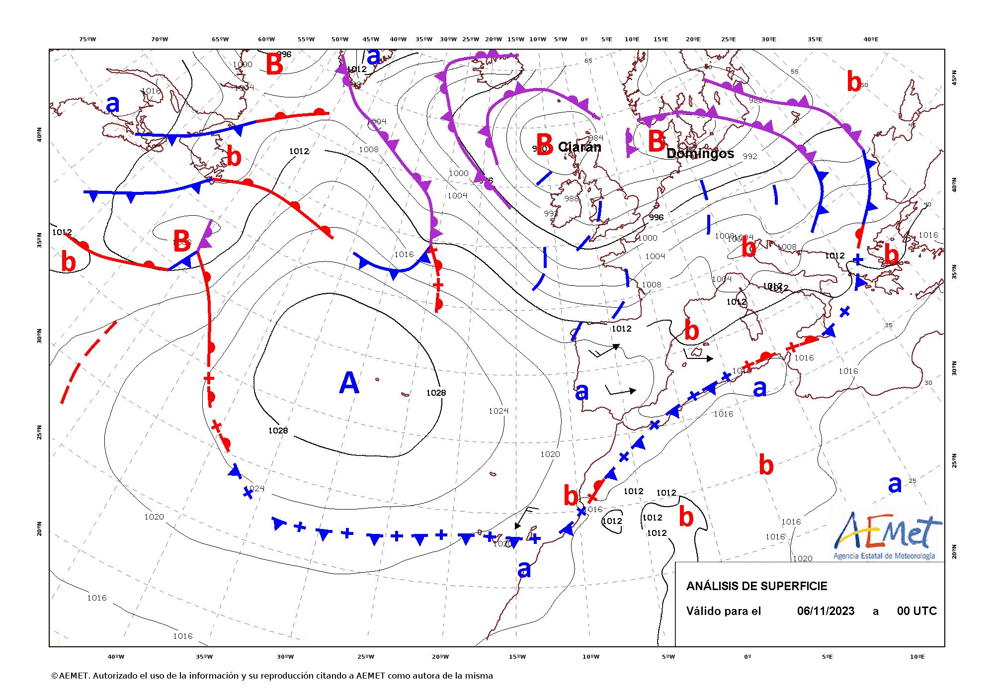 Evolución de Elisa en intervalos de 12 horas entre las 00 UTC del día 6 y esa misma hora del día 11 de noviembre de 2023.