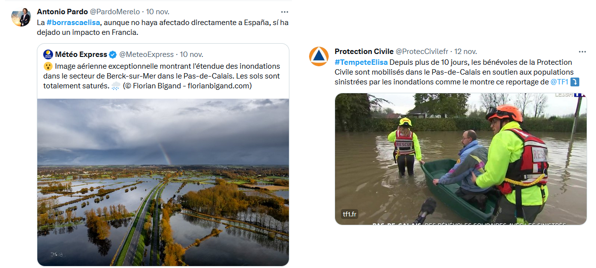 Tuits relativos a algunos de los impactos ocasionados por la borrasca en el departamento francés de Pas-de-Calais.