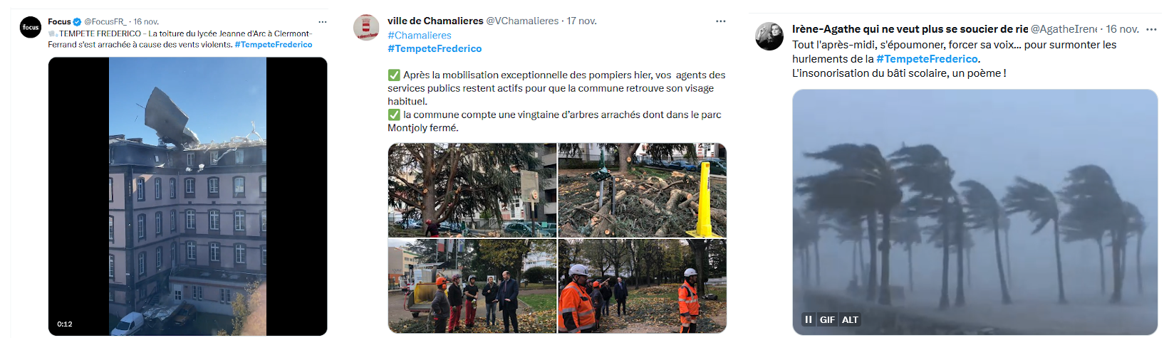 Tuits relativos a algunos de los impactos ocasionados por la borrasca en Francia.