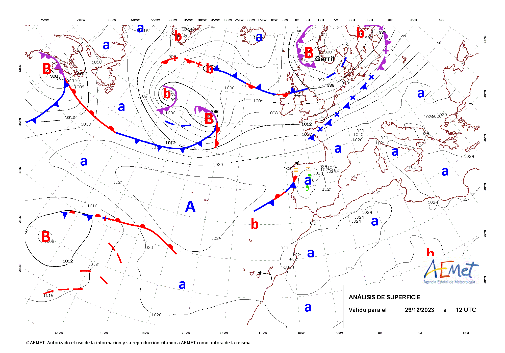 Evolución de Geraldine entre las 12 UTC del día 29 de diciembre y las 12 UTC del 1 de enero de 2024 (análisis cada 12 horas).