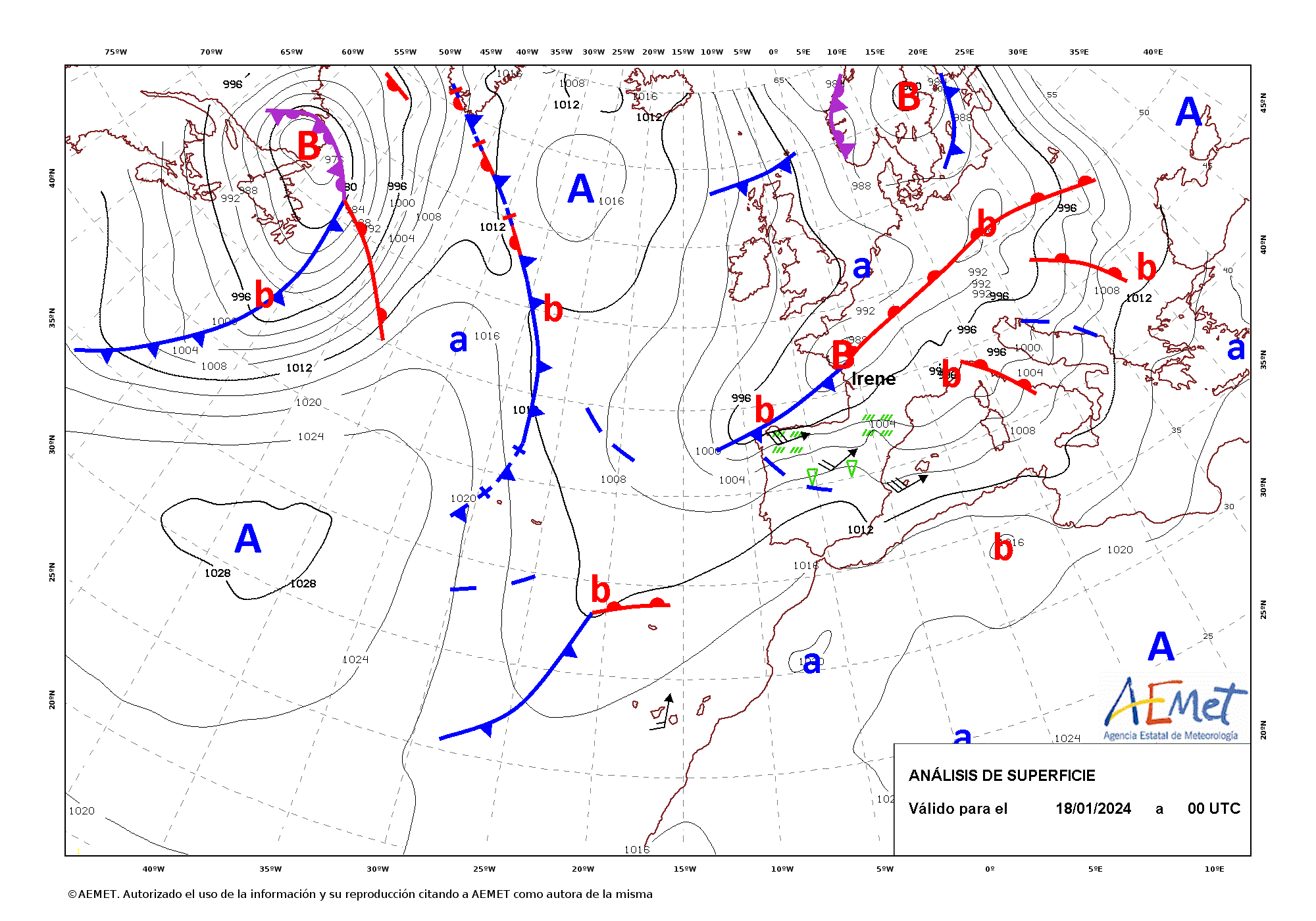 Evolución de Juan entre las 0 UTC del día 18 de enero y las 12 UTC del 20 de enero de 2024 (análisis cada 12 horas).