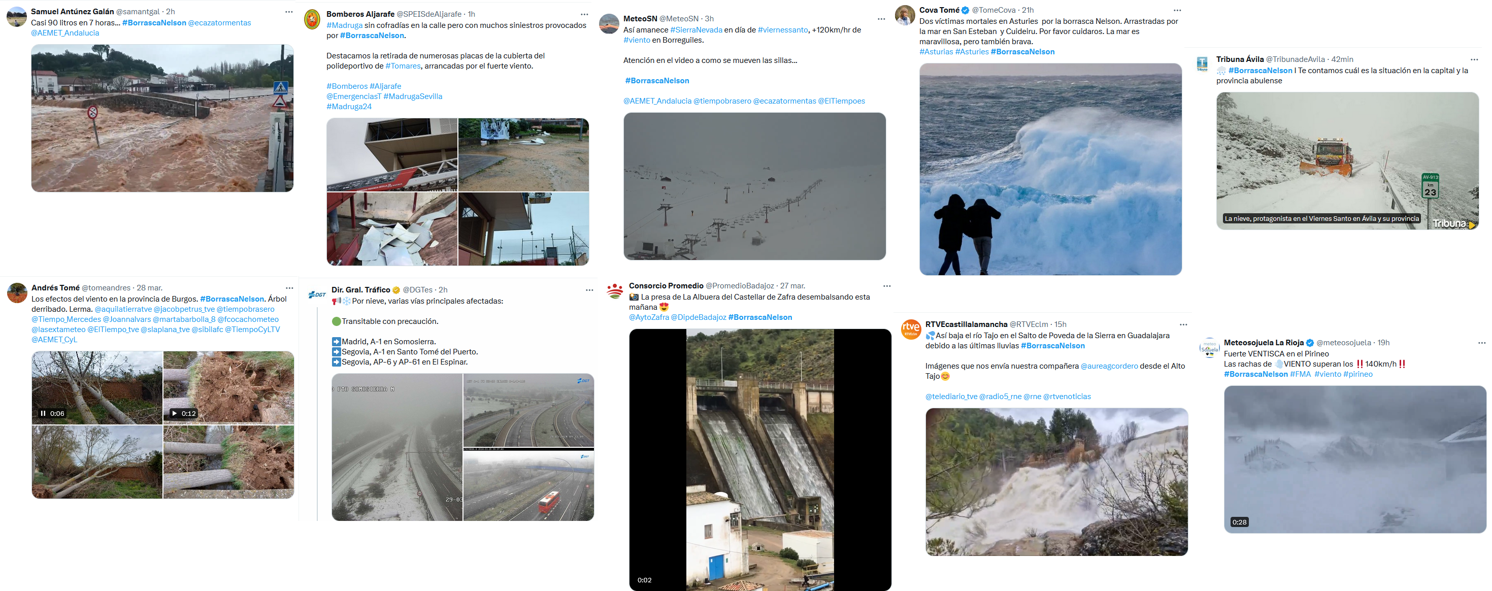 Ejemplos de tuits reportados en los que se reflejan algunos de los impactos provocados por la borrasca Nelson.