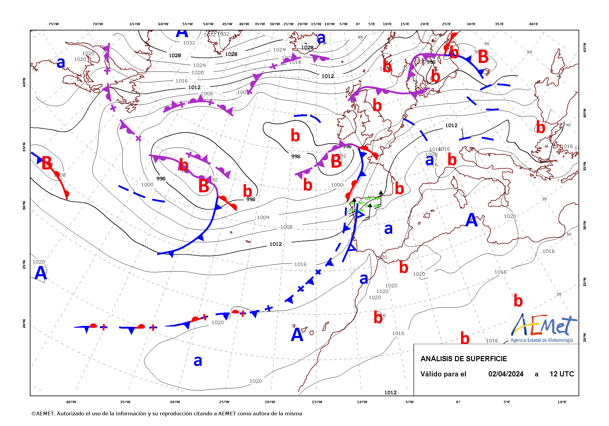 Evolución de Olivia entre las 12 UTC del día 2 de abril y la misma hora del día 5 (análisis cada 12 horas).