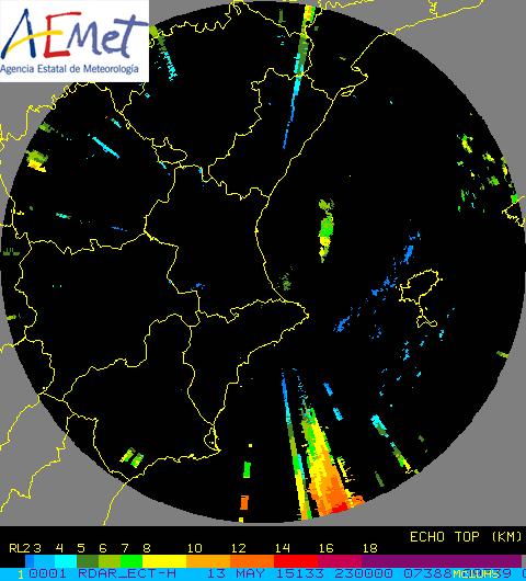 Secuencia de echotops del radar de Valencia desde las 23:00 (hora UTC) del día 13, a las 01:30 (hora UTC) del día 14