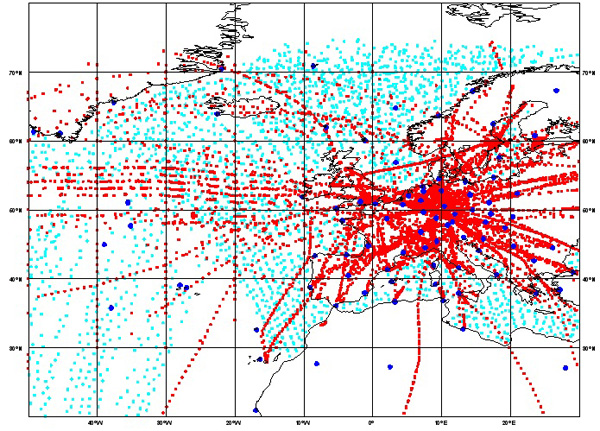 Distribución de observaciones meteorológicas asimiladas procedentes de satélite (azul claro), aviones (rojo) y radiosondeos (azul oscuro)
