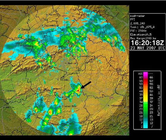 Imagen PPI del radar de Madrid de las 16:20 UTC