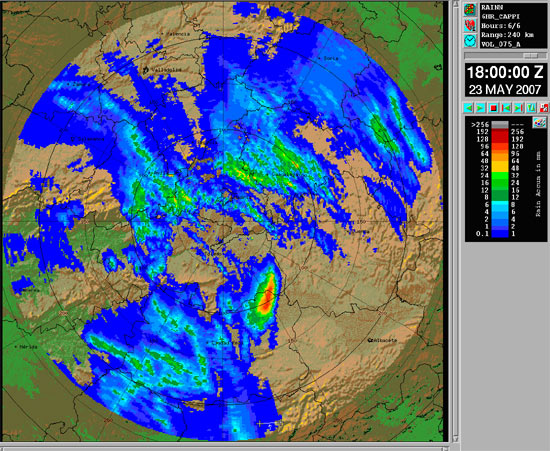 Imagen de acumulación de precipitación del radar de Madrid 12UTC-18UTC