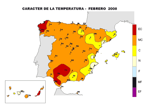 Carácter temperatura febrero. 2008 (Fuente: AEMET, Ministerio de Medio Ambiente)