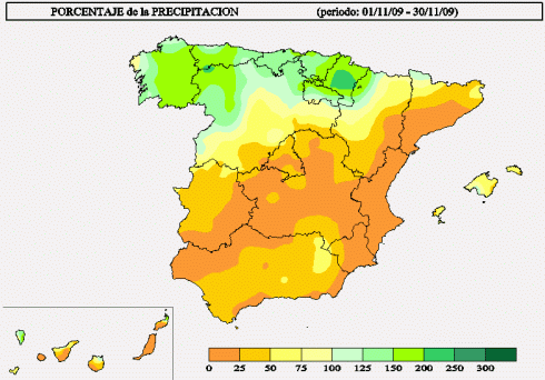 Porcentaje de la precipitación acumulada en el mes de noviembre de 2009 sobre su valor medio. FUENTE: Agencia Estatal de Meteorología. Ministerio de Medio Ambiente y Medio Rural y Marino.
