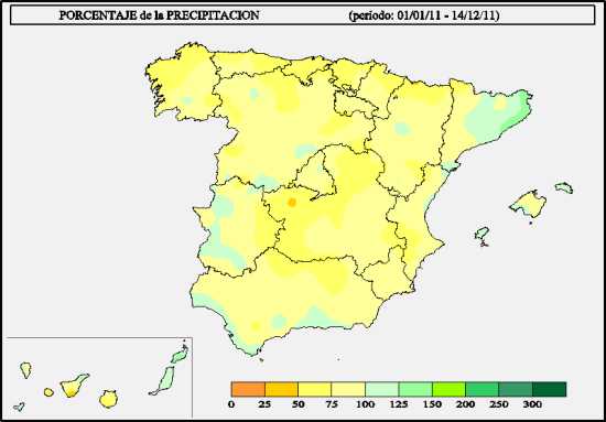 Porcentaje de precipitación sobre la normal en el período 1 de enero al 14 de diciembre de 2011