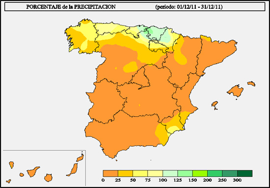 Anomalía de precipitaciones España diciembre 2011