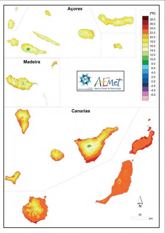 Temperatura media de las máximas en los archipiélagos de Canarias, Madeira y Azores (1971-2000)