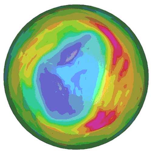 Mapa del ozono total en columna (UD) sobre el Hemisferio Sur correspondiente al día 10 de septiembre de 2013, generado por el KNMI/TEMIS a partir de los datos en tiempo cuasi-real obtenidos por el instrumento GOME-2 a bordo del satélite MetOp-A (EUMETSAT). (Fuente: http://www.temis.nl/protocols/o3hole/index.php)