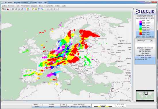 Rayos detectados y localizados por el sistema EUCLID el 28 de julio de 2012, uno de los días de más actividad eléctrica en Europa