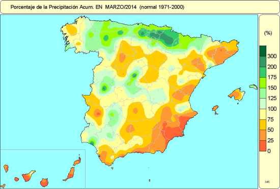 Porcentaje sobre el valor medio normal (1971-2000) de la precipitación de marzo de 2014