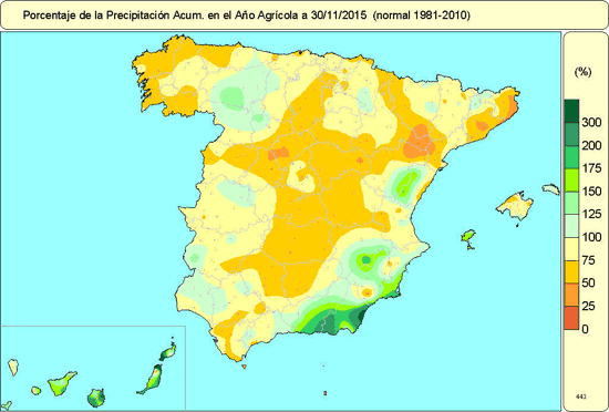 Porcentaje de la Precipitación Acumulada en el Año Agrícola a 30/11/2015 (normal 1981-2010)