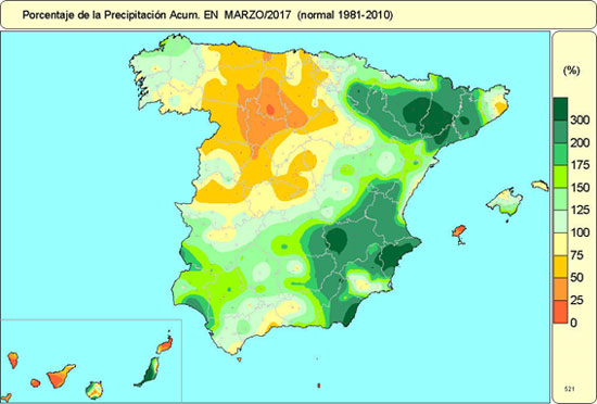 Porcentaje de la precipitación acumulada en marzo de 2017 con respecto al valor normal (1981-2010)