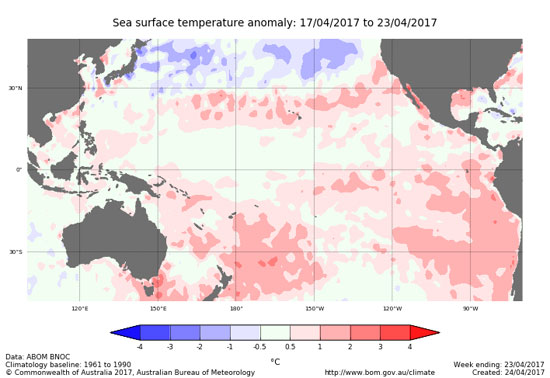 Anomalía de la temperatura de la superficie del Pacífico tropical durante la semana del 17 al 23 de abril de 2017