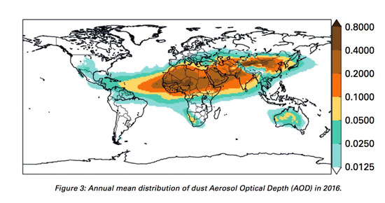 Promedio anual de la distribución de polvo según el índice de espesor óptico de aerosoles en 2016.