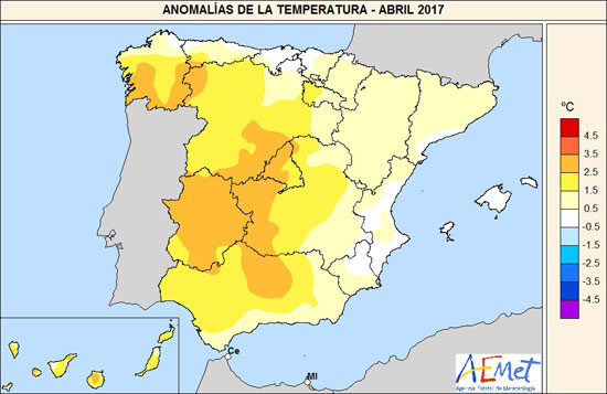 Anomalías de la temperatura. Abril de 2017