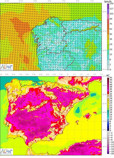Arriba: viento para Galicia. Abajo: temperatura para península y Baleares.