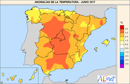 Anomalías de la temperatura en el mes de junio