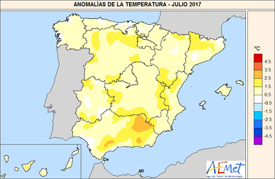 Anomalías de la temperatura. Julio 2017