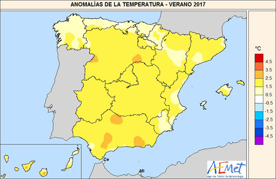 Anomalías de las temperaturas en el trimestre junio-julio-agosto de 2017