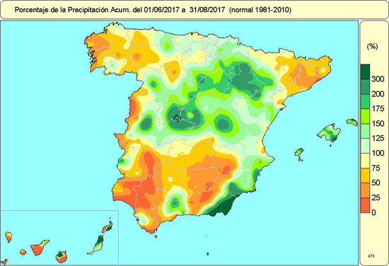 Porcentaje de la precipitación acumulada del 1 de junio al 31 de agosto de 2017