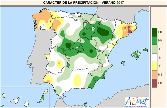 Carácter de las precipitaciones en el trimestre junio-julio-agosto de 2017