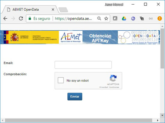Interfaz de petición de API KEY en AEMET OpenData