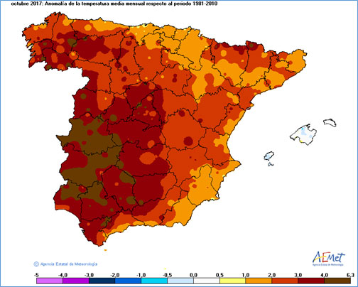 Anomalías de temperatura en octubre de 2017 para la Península, Baleares, Ceuta y Melilla.