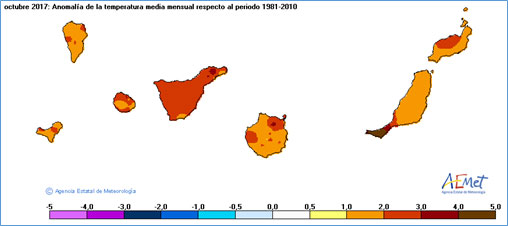 Anomalías de temperatura en octubre de 2017 para Canarias