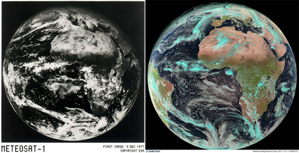 40 años de imágenes. A la izquierda, primera imagen del 9 de diciembre de 1977, en el canal visible. A la derecha, imagen del día 21 de noviembre de 2017 (Meteosat Odeg Natutal Color).