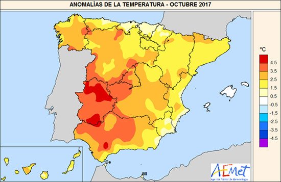 Anomalías de temperatura en octubre de 2017