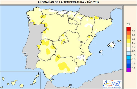 Anomalías de la temperatura media en el año 2017