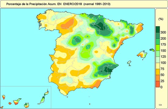 Porcentaje de la precipitación acumulada en enero 2018 (normal 1981-2010)