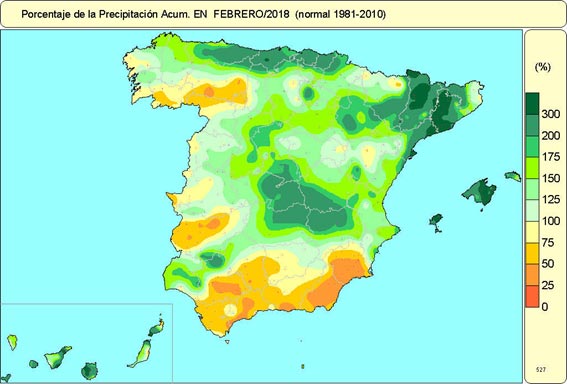 Porcentaje de la precipitación acumulada en Febrero 2018 (normal 1981-2010)