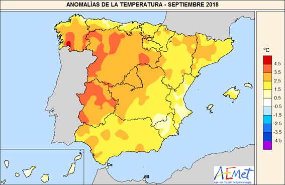 Anomalías de la temperatura media en septiembre de 2018