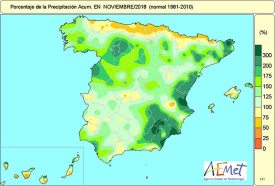 Porcentaje de precipitación respecto a la media (noviembre de 2018)