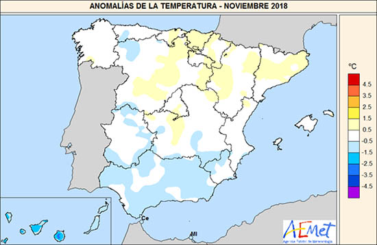 Anomalías de temperatura en España (noviembre de 2018)