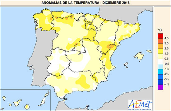 Anomalías de la temperatura en diciembre 2018