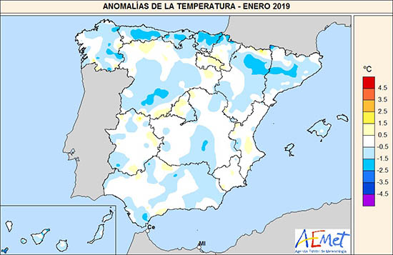anomalías de temperatura en España (enero 2019)