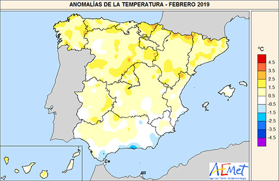 Anomalías de la temperatura Febrero 2019