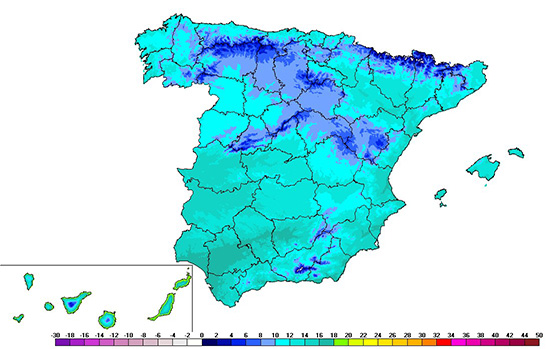 Temperatura media en España en la semana del 14 al 22 de abril (período 1981-2018)